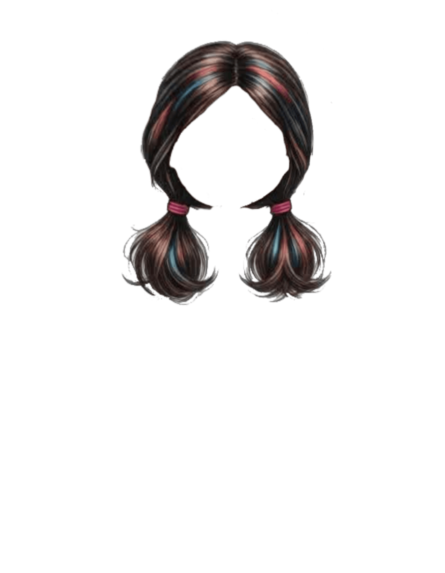Tricolor pigtail hair with pink and blue streaks